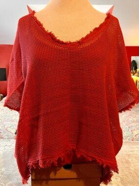 Made in Italy Coral Open Knit Frayed Poncho Top Size S